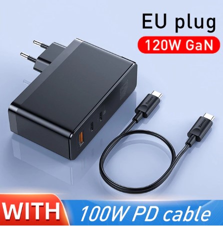 GaN Tech Baseus Caricatore USB C,Alimentatore USB 120W Samsung Caricatore USB da Muro USB-C QC PD 3.0 rapido 3 porte con cavo C a C 100W per iPhone 11 Pro//SE,iPad Pro,MacBook Pro,Surface,laptop USBC
